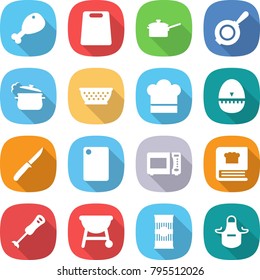 flat vector icon set - chicken leg vector, cutting board, saute pan, steam, colander, cook hat, egg timer, knife, microwave oven, cooking book, blender, bbq, pasta, apron