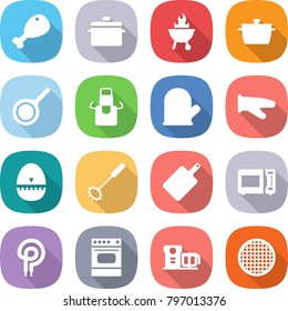 flat vector icon set - chicken leg vector, pan, bbq, apron, cook glove, egg timer, whisk, cutting board, microwave oven, elecric, food processor, sieve