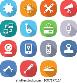 flat vector icon set - chip vector, pencil wrench, telescope, notebook connect, gyroscooter, tap to pay, smart watch, web cam, mobile location, remote control, vr helmet, robot hand, blender