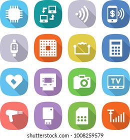 flat vector icon set - chip vector, notebook connect, wireless, phone pay, smart watch, cpu, electrostatic, calculator, pacemaker, atm, camera, tv, hair dryer, usb flash, sim card, antenna signal