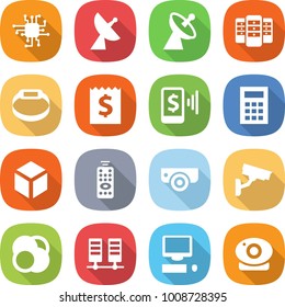 flat vector icon set - chip vector, satellite antenna, server, smart bracelet, receipt, mobile pay, calculator, 3d, remote control, surveillance camera, atom core, computer, web