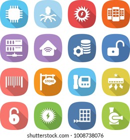 flat vector icon set - chip vector, virus, sun power, server, wireless home, virtual mining, unlock, bar code, store signboard, intercome, air conditioning, solar, panel, water pump