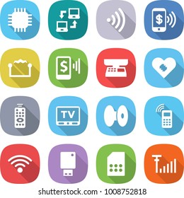 flat vector icon set - chip vector, notebook connect, wireless, phone pay, electrostatic, mobile, market scales, pacemaker, remote control, tv, coil, usb flash, sim card, antenna signal