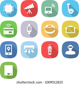 flat vector icon set - chip vector, telescope, notebook wireless, gyroscooter, tap to pay, smart watch, bracelet, electrostatic, mobile location, air conditioning, remote control, vr helmet