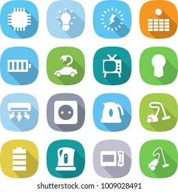 flat vector icon set - chip vector, bulb, lightning, sun power, battery, electric car, tv, air conditioning, socket, kettle, vacuum cleaner, microwave oven