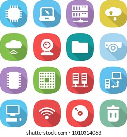 flat vector icon set - chip vector, notebook, server, cloud service, wireless, web cam, documents, surveillance camera, cpu, data transfer, computer, cd, trash bin