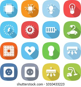 flat vector icon set - chip vector, bulb, lightning, sun power, battery, electric car, cpu, pacemaker, air conditioning, socket, vacuum cleaner