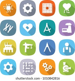 flat vector icon set - chip vector, gear, cpu, cardio, chromosomes, pacemaker, draw compass, factory, tower crane, drawing compasses, workman, circuit, gears, water pump