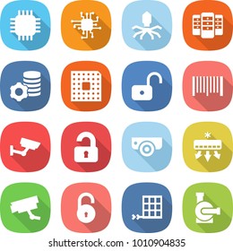 flat vector icon set - chip vector, virus, server, virtual mining, cpu, unlock, bar code, surveillance, unlocked, camera, air conditioning, solar panel, water pump