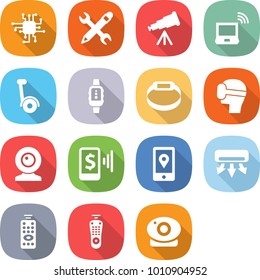 flat vector icon set - chip vector, pencil wrench, telescope, notebook wireless, gyroscooter, smart watch, bracelet, virtual mask, web cam, mobile pay, location, air conditioning, remote control