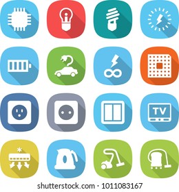 flat vector icon set - chip vector, bulb, lightning, battery, electric car, infinity power, cpu, socket, switch, tv, air conditioning, kettle, vacuum cleaner