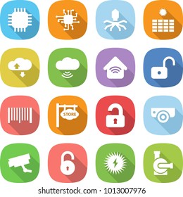flat vector icon set - chip vector, virus, sun power, cloud service, wireless, home, unlock, bar code, store signboard, unlocked, surveillance camera, solar, water pump