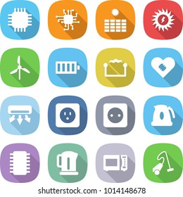 flat vector icon set - chip vector, sun power, windmill, battery, electrostatic, pacemaker, air conditioning, socket, kettle, microwave oven, vacuum cleaner