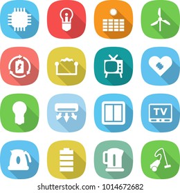 flat vector icon set - chip vector, bulb, sun power, windmill, battery charge, electrostatic, tv, pacemaker, air conditioning, switch, kettle, vacuum cleaner