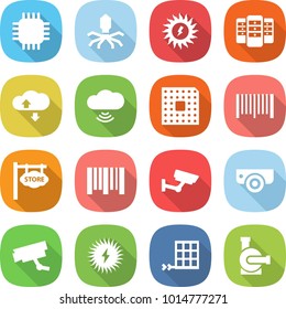 flat vector icon set - chip vector, virus, sun power, server, cloud service, wireless, cpu, bar code, store signboard, surveillance, camera, solar, panel, water pump