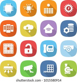 flat vector icon set - chip vector, sun power, server, cloud service, wireless home, virtual mining, cpu, unlocked, intercome, surveillance camera, air conditioning, solar panel, water pump