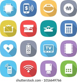 flat vector icon set - chip vector, phone pay, smart bracelet, crypto currency, electrostatic, market scales, calculator, pacemaker, remote control, tv, mobile, wireless, usb flash, sim card