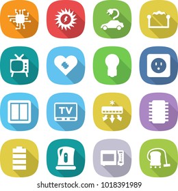 flat vector icon set - chip vector, sun power, electric car, electrostatic, tv, pacemaker, bulb, socket, switch, air conditioning, battery, kettle, microwave oven, vacuum cleaner