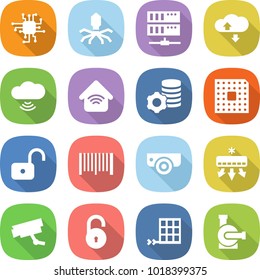 flat vector icon set - chip vector, virus, server, cloud service, wireless, home, virtual mining, cpu, unlock, bar code, surveillance camera, air conditioning, solar panel, water pump