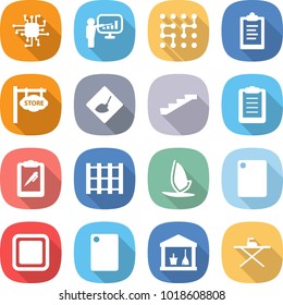 flat vector icon set - chip vector, presentation, clipboard, store signboard, under construction, stairs, pen, pallet, windsurfing, cutting board, utility room, iron