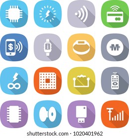 flat vector icon set - chip vector, lightning, wireless, tap to pay, phone, smart watch, bracelet, crypto currency, infinity power, cpu, electrostatic, remote control, coil, usb flash