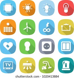 flat vector icon set - chip vector, bulb, sun power, windmill, infinity, electrostatic, pacemaker, socket, switch, tv, air conditioning, vacuum cleaner, kettle