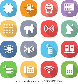 flat vector icon set - chip vector, notebook globe, server, loudspeaker, wireless, satellite antenna, mobile phone, office, sim card