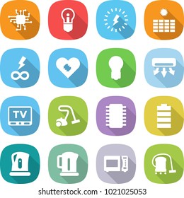flat vector icon set - chip vector, bulb, lightning, sun power, infinity, pacemaker, air conditioning, tv, vacuum cleaner, battery, kettle, microwave oven