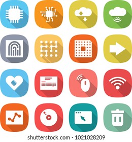 flat vector icon set - chip vector, cloud service, wireless, fingerprint, cpu, right arrow, pacemaker, invoice, mouse, analytics, cd, browser window, trash bin