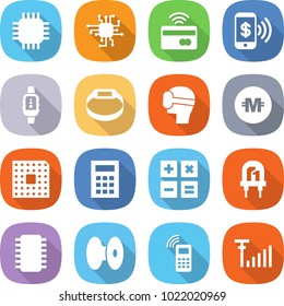 Flat Vector Icon Set - Chip Vector, Tap To Pay, Phone, Smart Watch, Bracelet, Virtual Mask, Crypto Currency, Cpu, Calculator, Led, Coil, Mobile, Antenna Signal