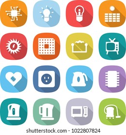flat vector icon set - chip vector, bulb, sun power, cpu, electrostatic, tv, pacemaker, socket, kettle, microwave oven, vacuum cleaner
