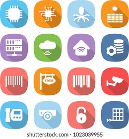 flat vector icon set - chip vector, virus, sun power, server, cloud wireless, home, virtual mining, bar code, store signboard, surveillance, intercom, camera, unlock, solar panel