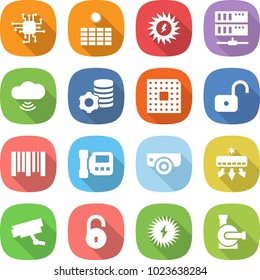 flat vector icon set - chip vector, sun power, server, cloud wireless, virtual mining, cpu, unlock, bar code, intercome, surveillance camera, air conditioning, solar, water pump