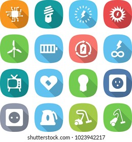 flat vector icon set - chip vector, bulb, lightning, sun power, windmill, battery, charge, infinity, tv, pacemaker, socket, kettle, vacuum cleaner