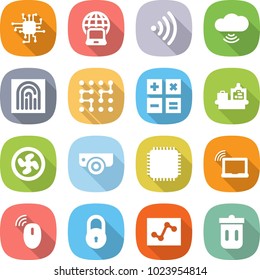 flat vector icon set - chip vector, notebook globe, wireless, cloud, fingerprint, calculator, baggage checking, cooler fan, surveillance camera, cpu, laptop wifi, mouse, lock, analytics, trash bin