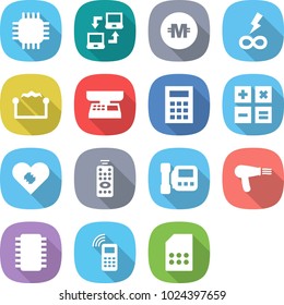 flat vector icon set - chip vector, notebook connect, crypto currency, infinity power, electrostatic, market scales, calculator, pacemaker, remote control, intercome, hair dryer, mobile phone