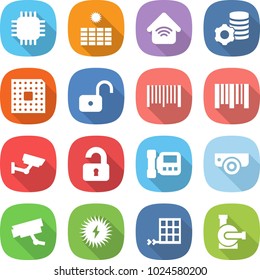 flat vector icon set - chip vector, sun power, wireless home, virtual mining, cpu, unlock, bar code, surveillance, unlocked, intercome, camera, solar, panel, water pump