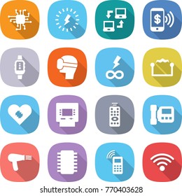 flat vector icon set - chip vector, lightning, notebook connect, phone pay, smart watch, virtual mask, infinity power, electrostatic, pacemaker, atm, remote control, intercome, hair dryer, mobile