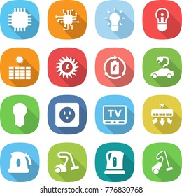flat vector icon set - chip vector, bulb, sun power, battery charge, electric car, socket, tv, air conditioning, kettle, vacuum cleaner