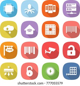 flat vector icon set - chip vector, virus, server, cloud service, wireless home, cpu, bar code, store signboard, surveillance, unlocked, air conditioning, unlock, solar power, panel