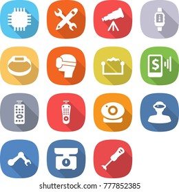 flat vector icon set - chip vector, pencil wrench, telescope, smart watch, bracelet, virtual mask, electrostatic, mobile pay, remote control, web camera, vr helmet, robot hand, kitchen scales