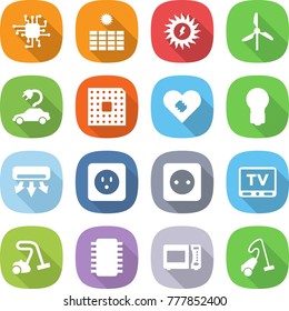 flat vector icon set - chip vector, sun power, windmill, electric car, cpu, pacemaker, bulb, air conditioning, socket, tv, vacuum cleaner, microwave oven
