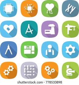 flat vector icon set - chip vector, cardio, chromosomes, pacemaker, draw compass, factory, tower crane, drawing compasses, consolidated cargo, workman, gear, gears, circuit, water pump