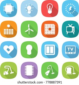 flat vector icon set - chip vector, bulb, lightning, sun power, windmill, cpu, tv, pacemaker, switch, vacuum cleaner