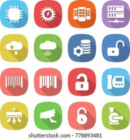 flat vector icon set - chip vector, sun power, server, cloud service, wireless, virtual mining, unlock, bar code, unlocked, intercome, air conditioning, surveillance camera, water pump