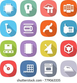 flat vector icon set - chip vector, bulb head, factory filter, server, gyroscooter, nano tube, satellite, phone, transporter tape, antenna, cube, cd, solar panel, oven, iron