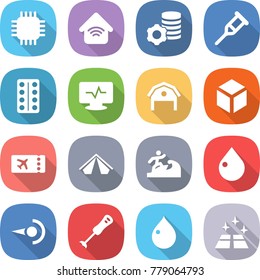 flat vector icon set - chip vector, wireless home, virtual mining, crutch, pills blister, monitor pulse, barn, cube, ticket, tent, surfer, drop, photon, blender, clean floor