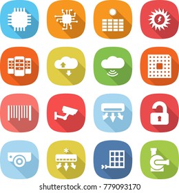 flat vector icon set - chip vector, sun power, server, cloud service, wireless, cpu, bar code, surveillance, air conditioning, unlocked, camera, solar panel, water pump