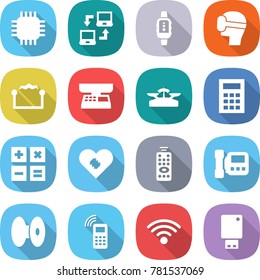 flat vector icon set - chip vector, notebook connect, smart watch, virtual mask, electrostatic, market scales, calculator, pacemaker, remote control, intercome, coil, mobile phone, wireless