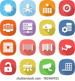 flat vector icon set - chip vector, virus, sun power, server, cloud service, virtual mining, cpu, bar code, surveillance, unlocked, air conditioning, camera, solar panel